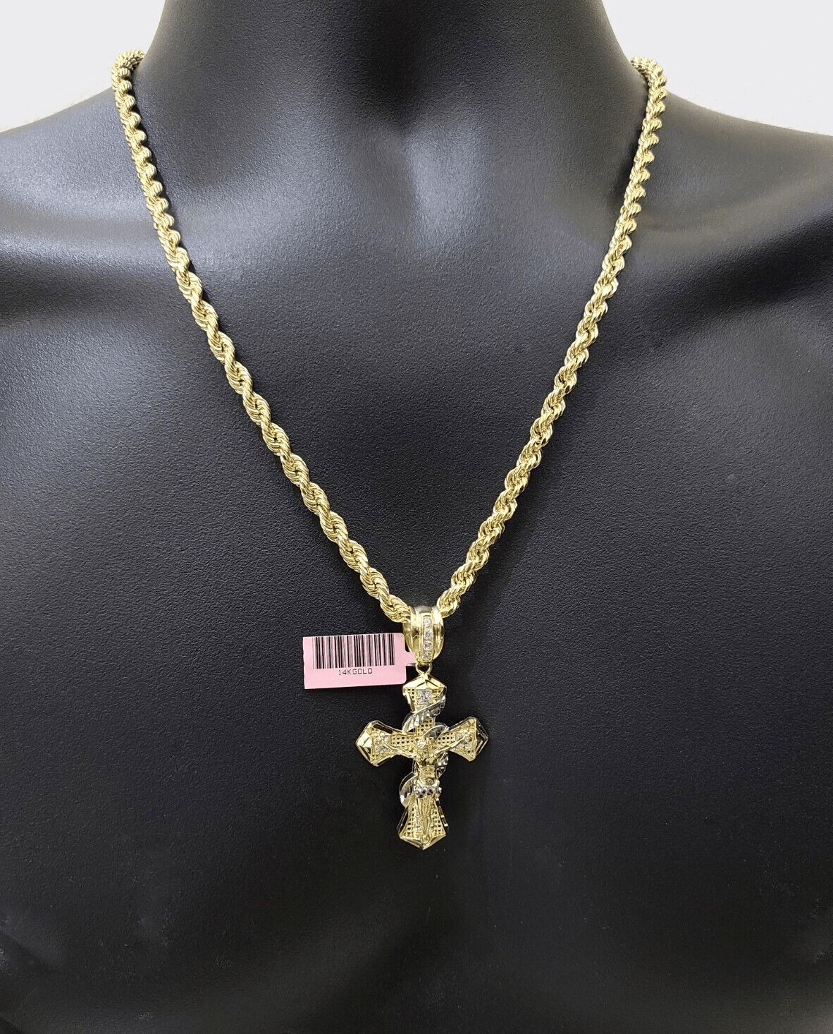 Real 14k Yellow Gold Rope Chain 5mm 24'' Necklace Jesus Cross Charm Pendant 14kt - GoldenlinQ